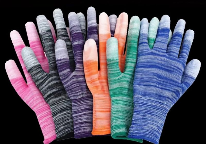 Nylon striped PU coated finger and palm gloves